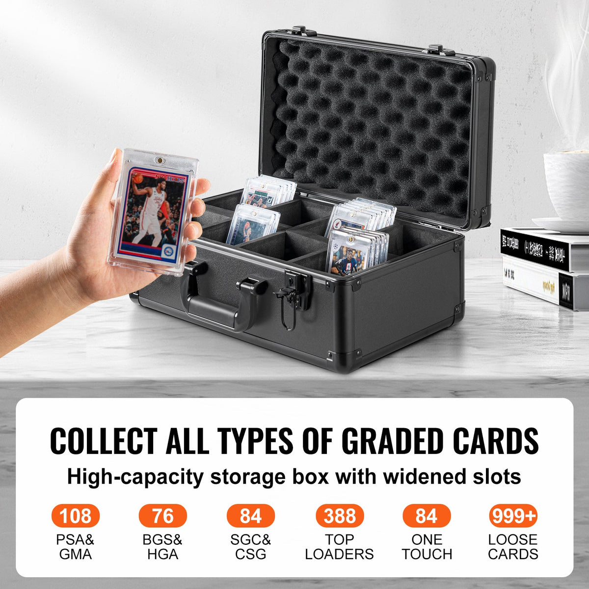 Graded Card Storage Box, 4 Slots, Graded Sports Cards Holder Carrying Case with Key Lock Foam Dividers, for 108 PSA Graded Cards 76 BGS Cards 84 SGC Cards 388 Top Loaders or 999+ Loose Cards