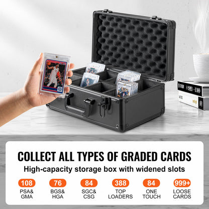 Graded Card Storage Box, 4 Slots, Graded Sports Cards Holder Carrying Case with Key Lock Foam Dividers, for 108 PSA Graded Cards 76 BGS Cards 84 SGC Cards 388 Top Loaders or 999+ Loose Cards